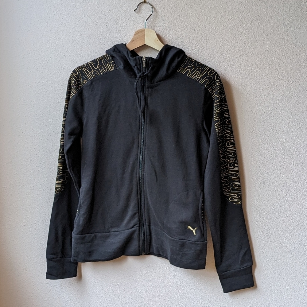 NWT Puma - Black Zip Hoodie with Gold Pattern Trim - Women's M